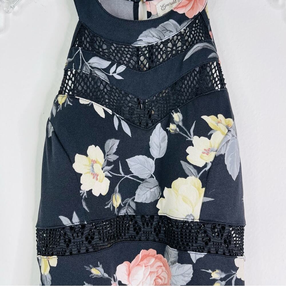 Black cream pink floral stretchy mesh halter evening wedding maxi dress small - Picture 4 of 7